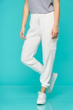 Pantaloni SunShine albi casual cu talie medie cu elastic in talie accesorizati cu snur din material subtire