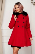 Palton din lana SunShine rosu elegant scurt in clos cu guler din blana artificiala