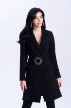 Palton Artista negru elegant cambrat cu accesoriu tip curea se inchide cu nasturi din material gros elastic